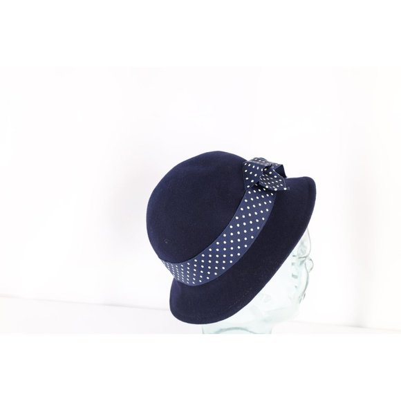 Vintage 30s 40s Felt Wool Polka Dot Bowtie Bucket Hat Cap Navy Blue USA Womens